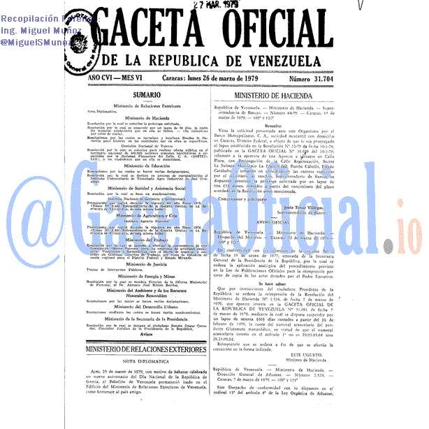 Gaceta Oficial 31704 del 26 Marzo 1979
