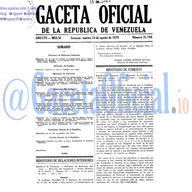 Gaceta Oficial 31798 del 14 Agosto 1979