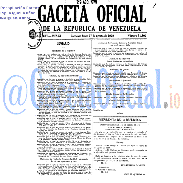 Gaceta Oficial 31807 del 27 Agosto 1979