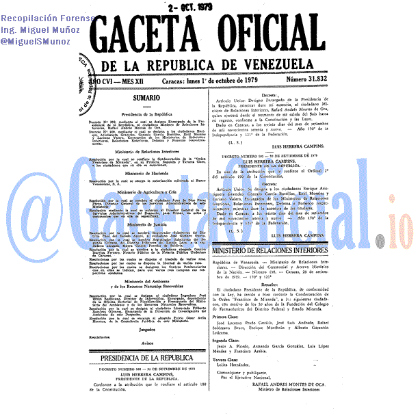 Gaceta Oficial 31832 del 1 Octubre 1979