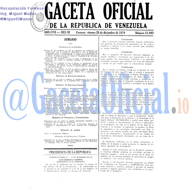 Gaceta Oficial 31892 del 28 Diciembre 1979