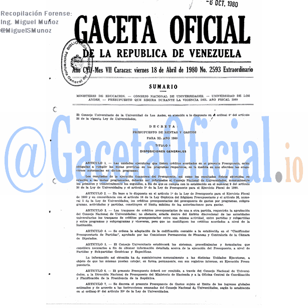Gaceta Oficial 2593 del 18 Abril 1980