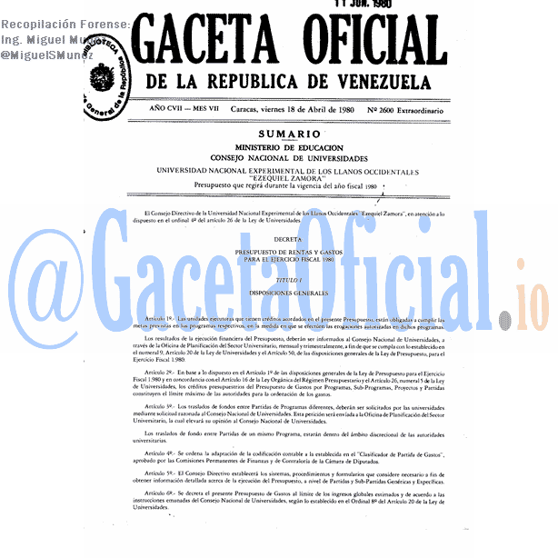 Gaceta Oficial 2600 del 18 Abril 1980