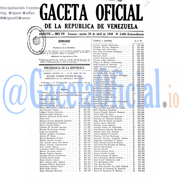 Gaceta Oficial 2604 del 29 Abril 1980