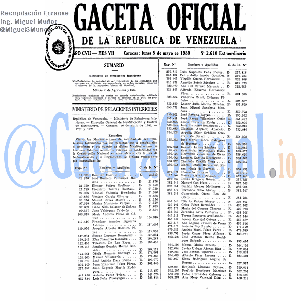 Gaceta Oficial 2610 del 5 Mayo 1980
