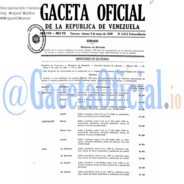 Gaceta Oficial 2612 del 9 Mayo 1980