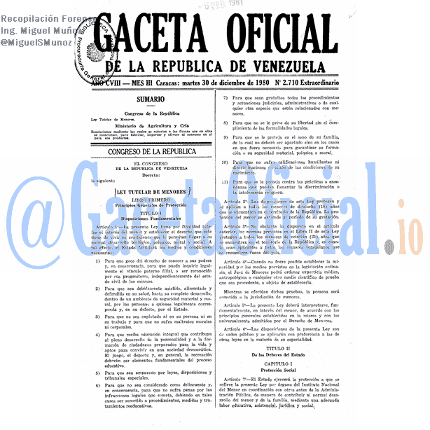 Gaceta Oficial 2710 del 30 Diciembre 1980