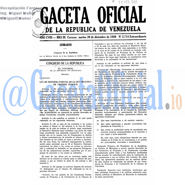 Gaceta Oficial 2714 del 30 Diciembre 1980