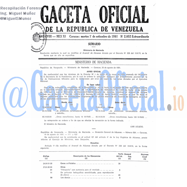 Gaceta Oficial 2852 del 1 Septiembre 1981