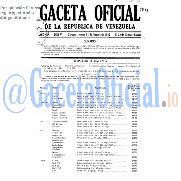 Gaceta Oficial 2916 del 11 Febrero 1982