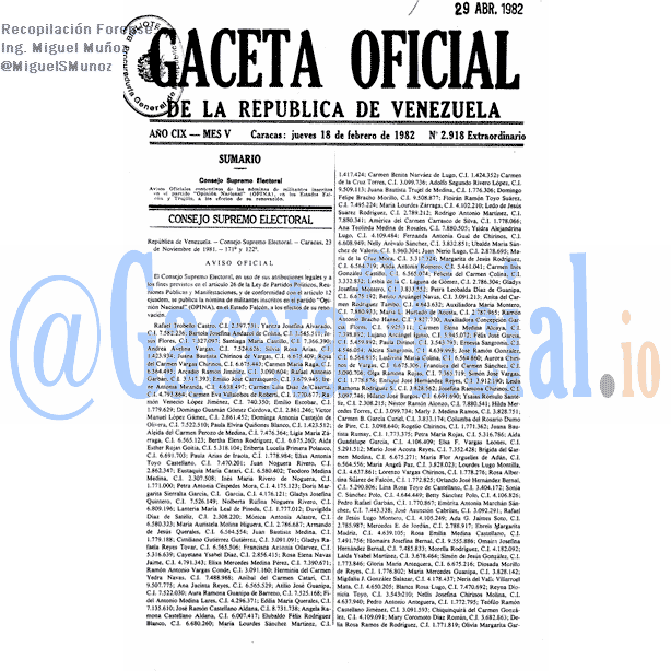 Gaceta Oficial 2918 del 18 Febrero 1982