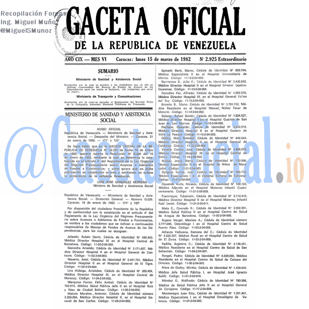 Gaceta Oficial 2925 del 15 Marzo 1982