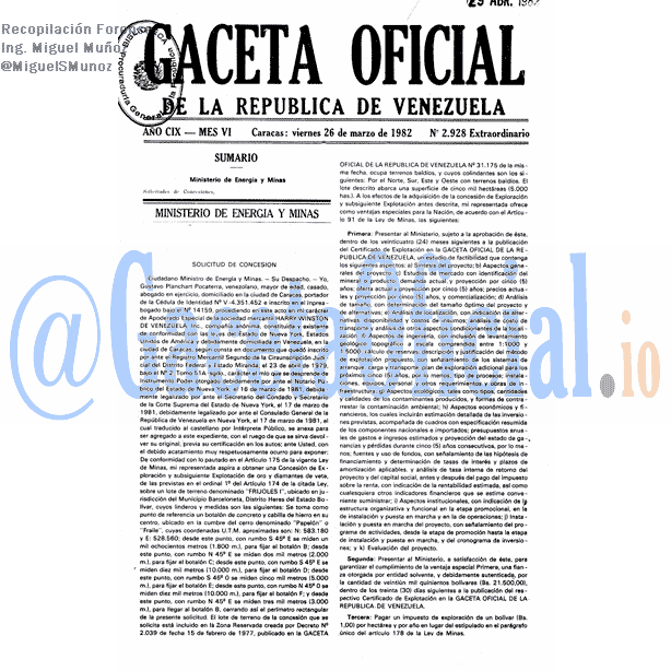 Gaceta Oficial 2928 del 26 Marzo 1982
