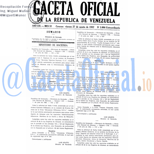 Gaceta Oficial 3006 del 27 Agosto 1982