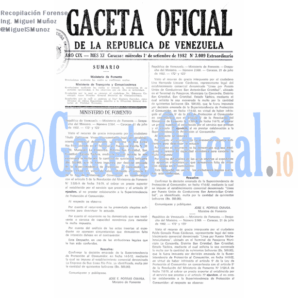 Gaceta Oficial 3009 del 1 Septiembre 1982