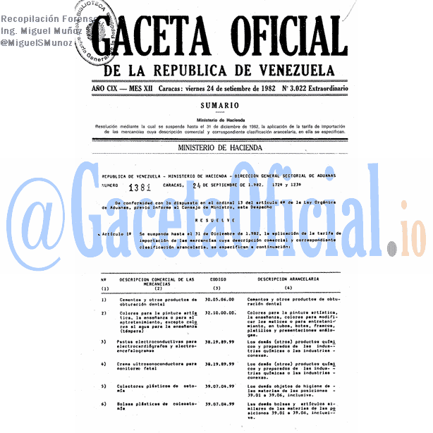 Gaceta Oficial 3022 del 24 Septiembre 1982