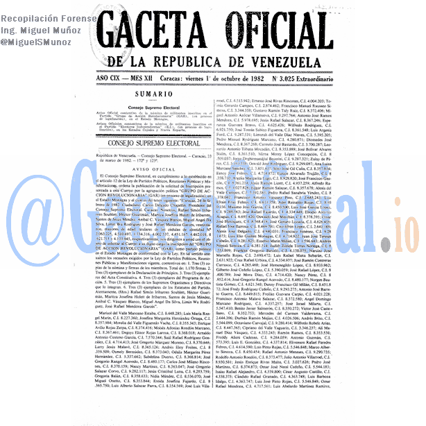 Gaceta Oficial 3025 del 1 Octubre 1982