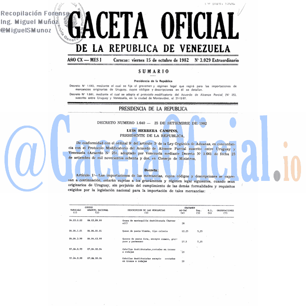 Gaceta Oficial 3029 del 15 Octubre 1982