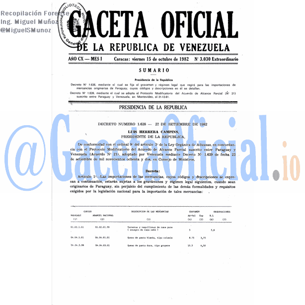 Gaceta Oficial 3030 del 15 Octubre 1982