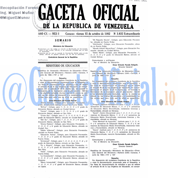 Gaceta Oficial 3032 del 15 Octubre 1982