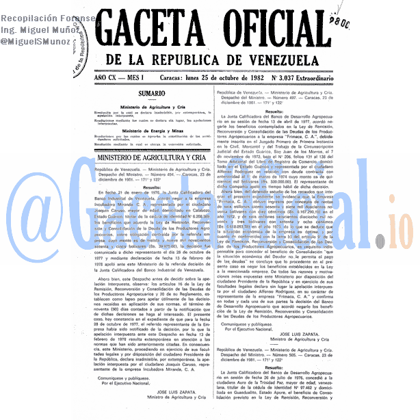 Gaceta Oficial 3037 del 25 Octubre 1982