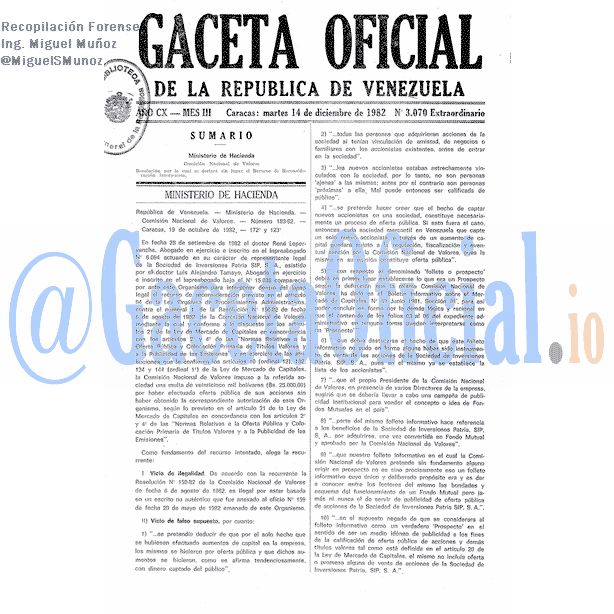 Gaceta Oficial 3070 del 14 Diciembre 1982
