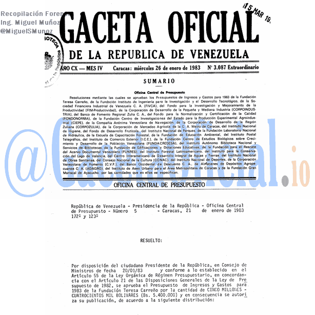 Gaceta Oficial 3087 del 26 Enero 1983