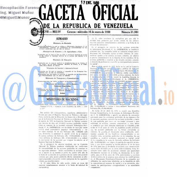 Gaceta Oficial 31904 del 16 Enero 1980