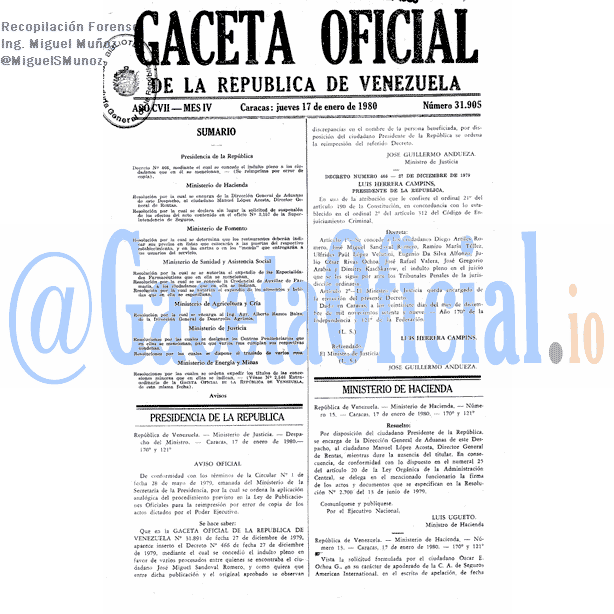 Gaceta Oficial 31905 del 17 Enero 1980
