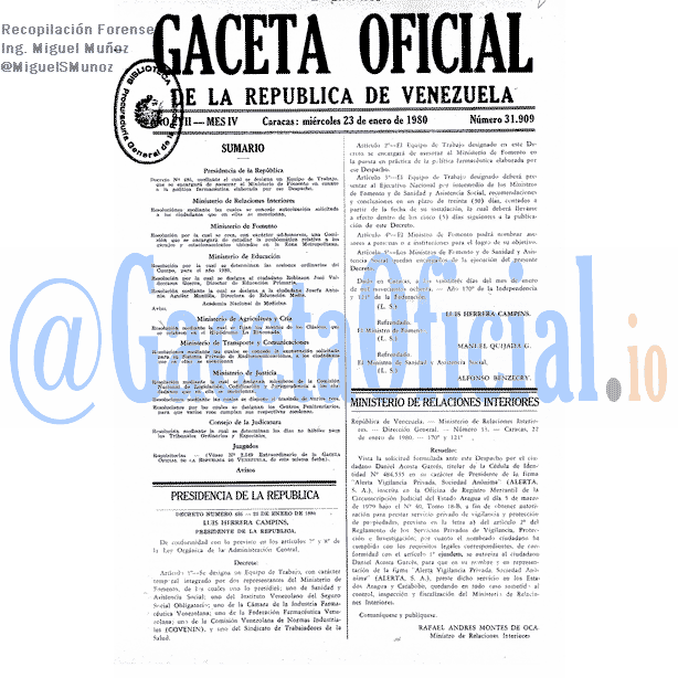 Gaceta Oficial 31909 del 23 Enero 1980