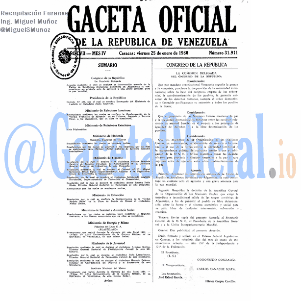 Gaceta Oficial 31911 del 25 Enero 1980