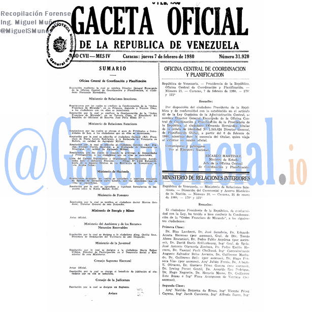 Gaceta Oficial 31920 del 7 Febrero 1980