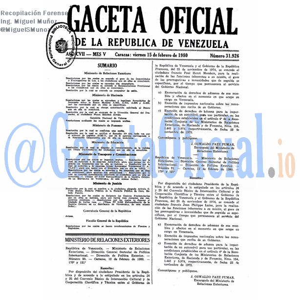 Gaceta Oficial 31926 del 15 Febrero 1980