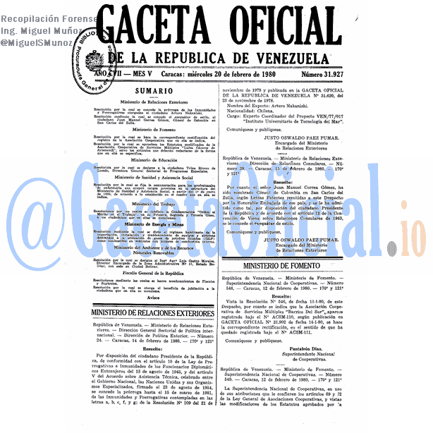 Gaceta Oficial 31927 del 20 Febrero 1980
