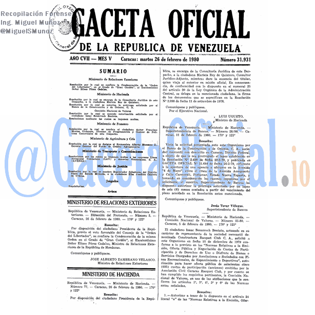 Gaceta Oficial 31931 del 26 Febrero 1980