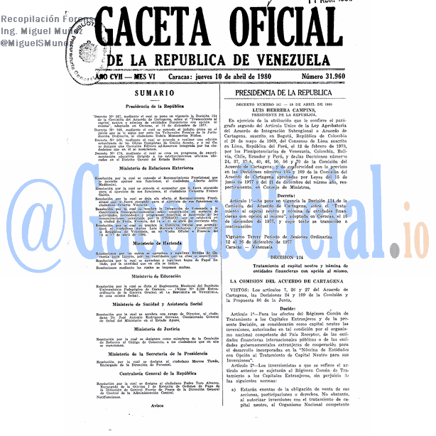 Gaceta Oficial 31960 del 10 Abril 1980