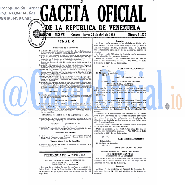 Gaceta Oficial 31970 del 24 Abril 1980