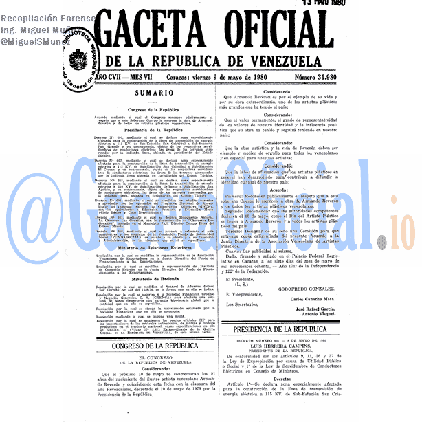 Gaceta Oficial 31980 del 9 Mayo 1980