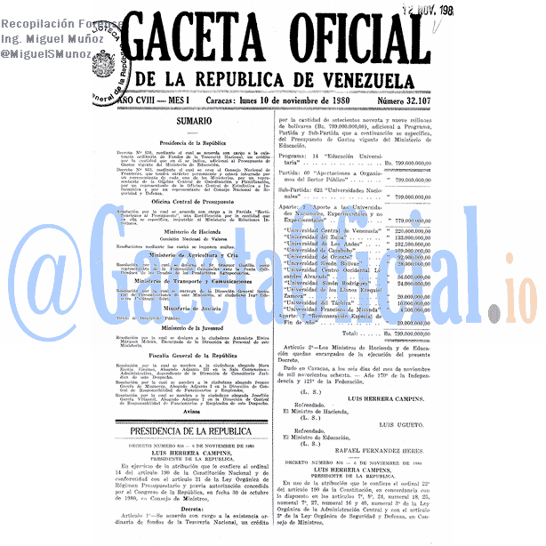 Gaceta Oficial 32107 del 10 Noviembre 1980