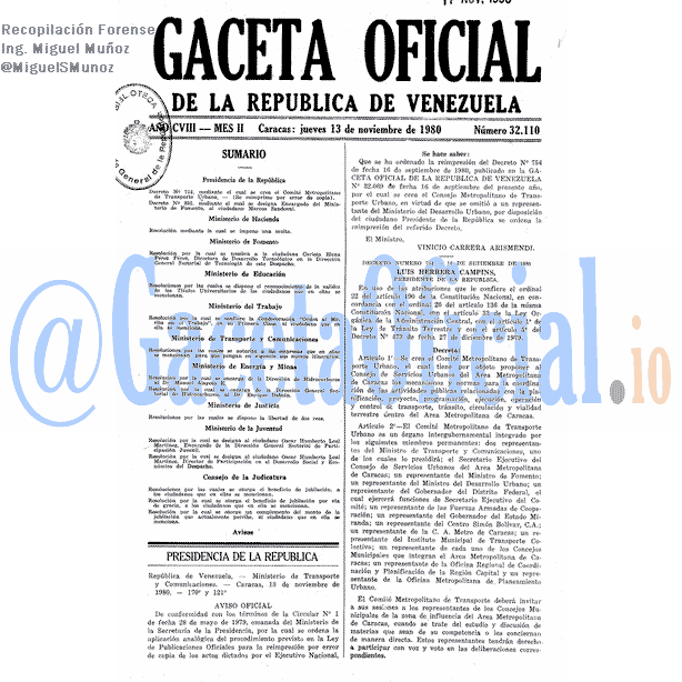 Gaceta Oficial 32110 del 13 Noviembre 1980