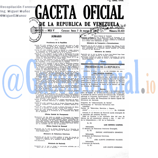 Gaceta Oficial 32423 del 1 Marzo 1982