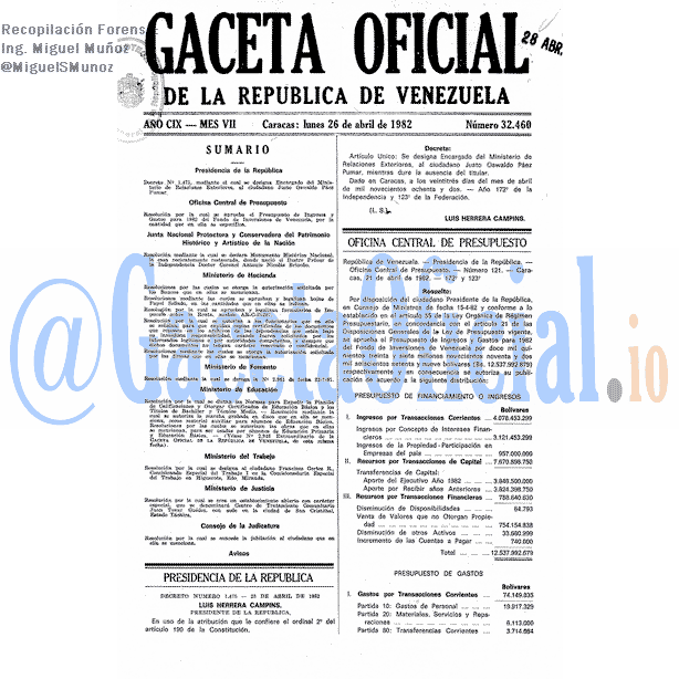 Gaceta Oficial 32460 del 26 Abril 1982