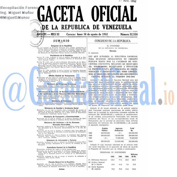 Gaceta Oficial 32538 del 16 Agosto 1982