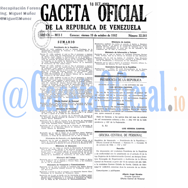 Gaceta Oficial 32581 del 15 Octubre 1982