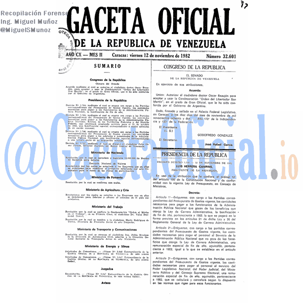 Gaceta Oficial 32601 del 12 Noviembre 1982