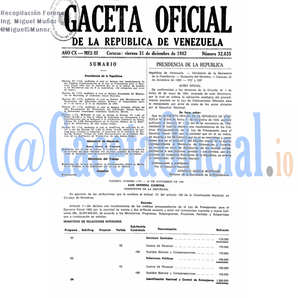 Gaceta Oficial 32635 del 31 Diciembre 1982