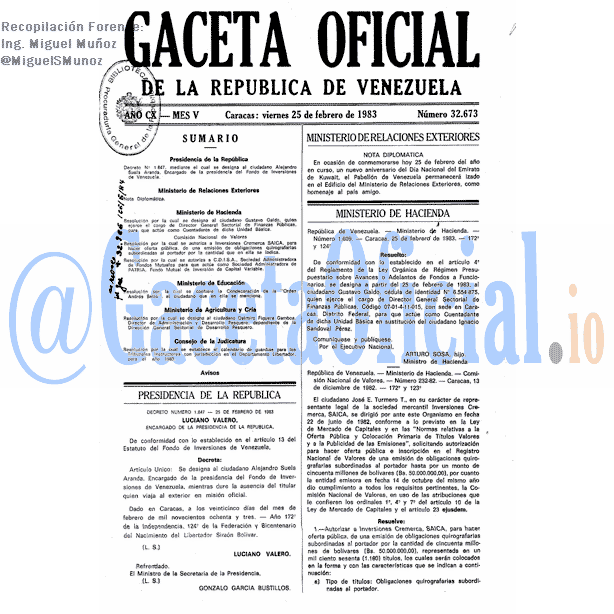 Gaceta Oficial 32673 del 25 Febrero 1983