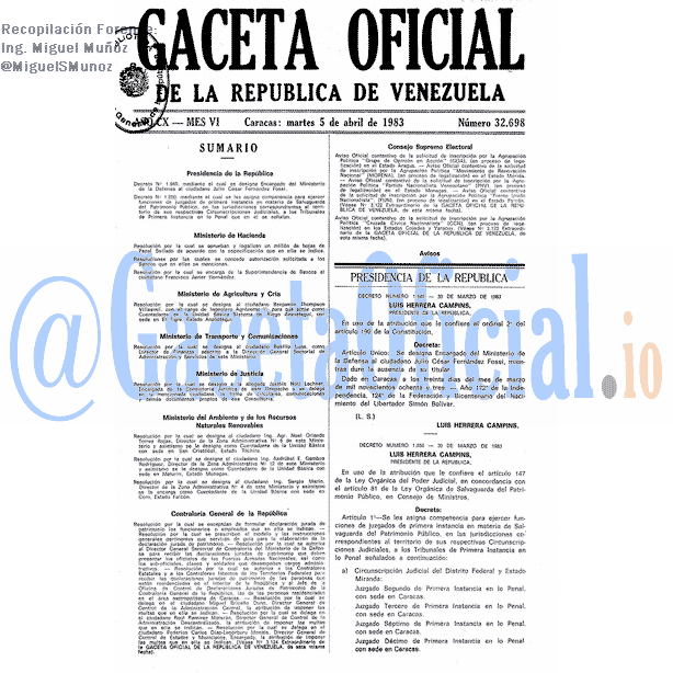 Gaceta Oficial 32698 del 5 Abril 1983