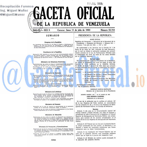 Gaceta Oficial 32764 del 11 Julio 1983