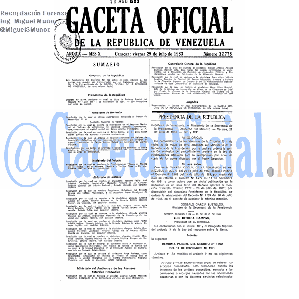 Gaceta Oficial 32778 del 29 Julio 1983